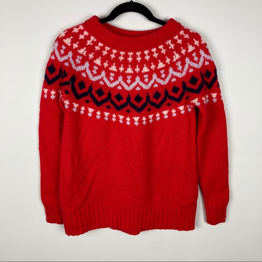 J. Crew Fair Isle Cerise Red Merino Wool Chunky Sweater - Picture 4 of 12